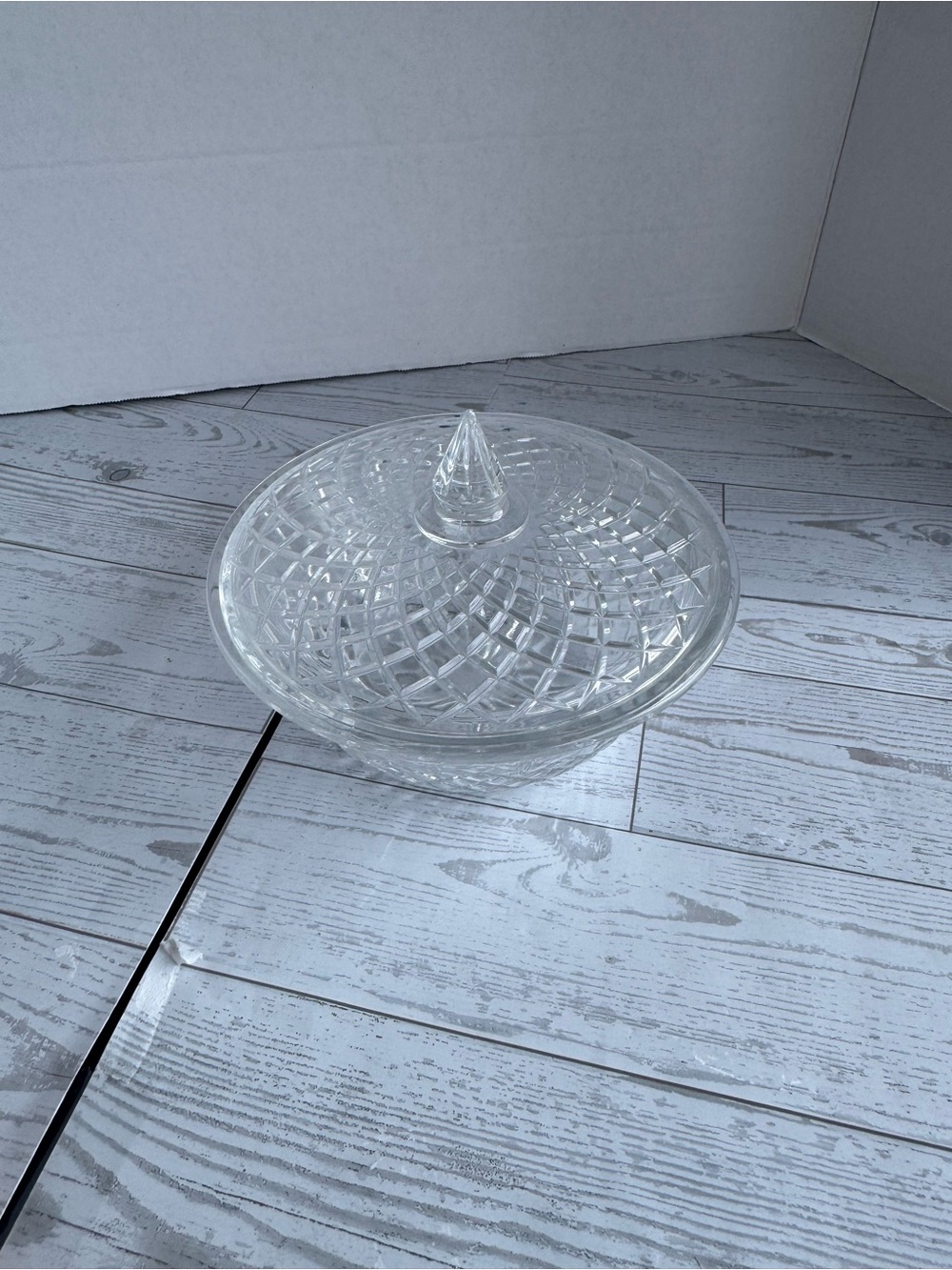 Source Unknown Clear Cut Glass Covered Dish with Pointed Finial